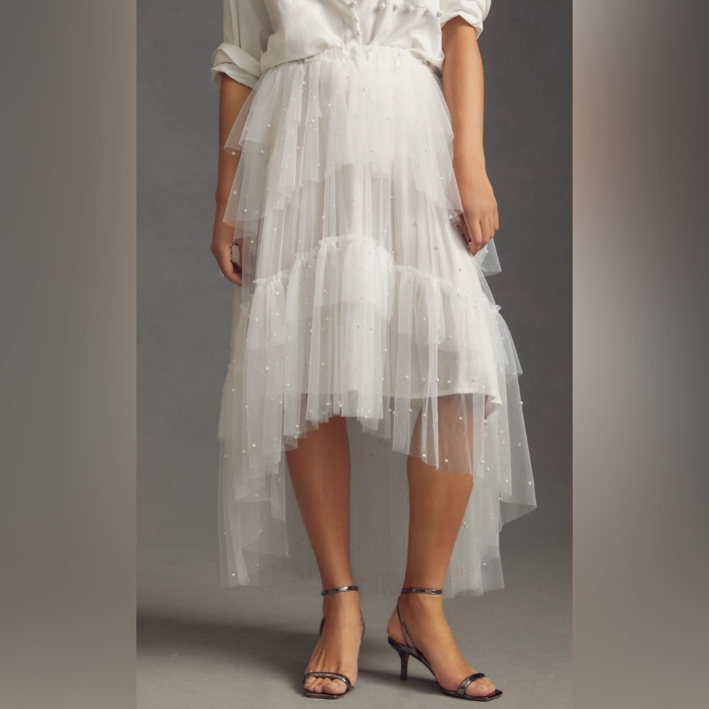 RARE Maeve Tulle & Pearl Embellished Skirt Sheer Ivory NWT XS - Picture 2 of 14